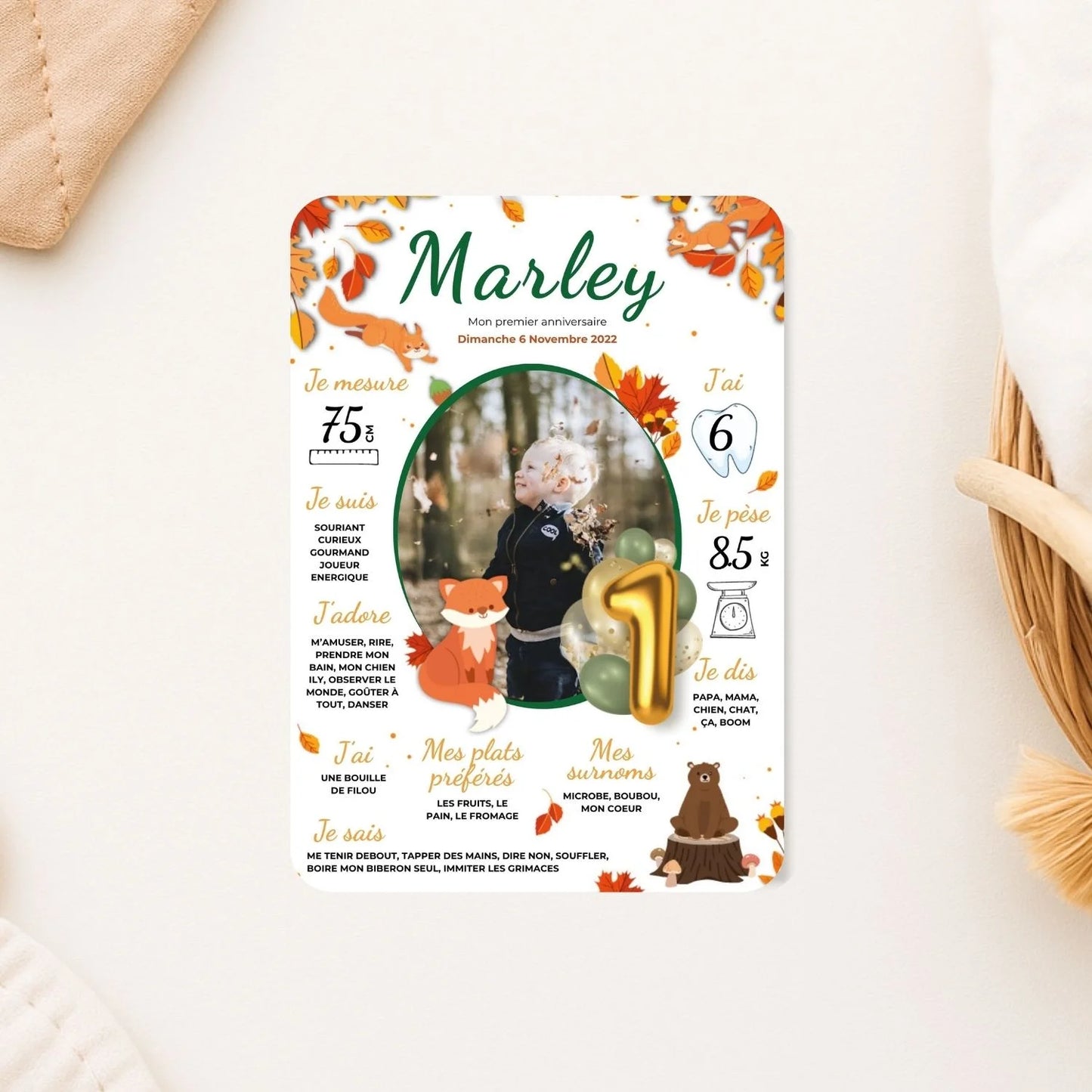 carte mon premier anniversaire theme automne animaux de la foret