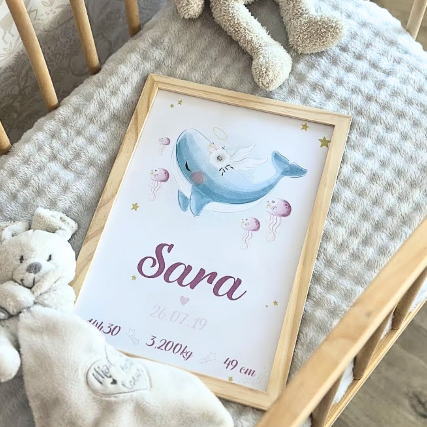 affiche de naissance personnalisee et encadre illustration baleine