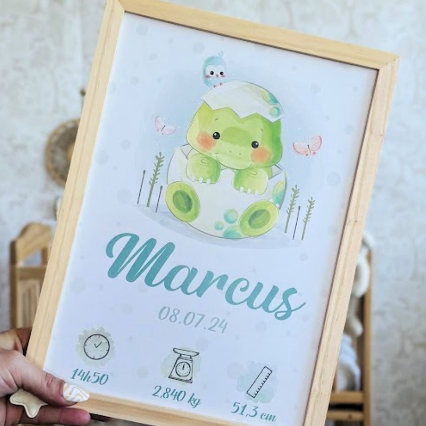 affiche de naissance bebe dinosaure personnalisee encadre