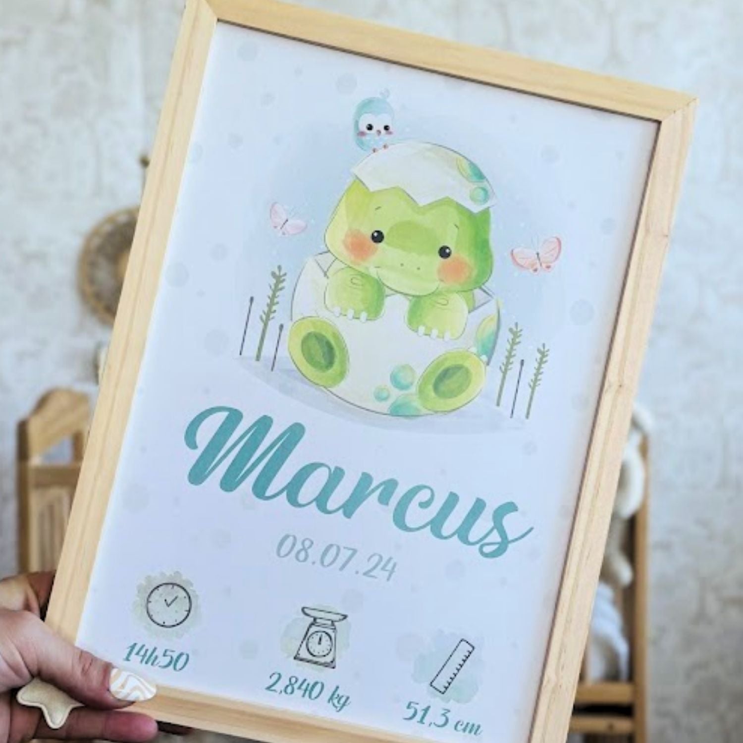 affiche de naissance bebe dinosaure personnalisee encadre