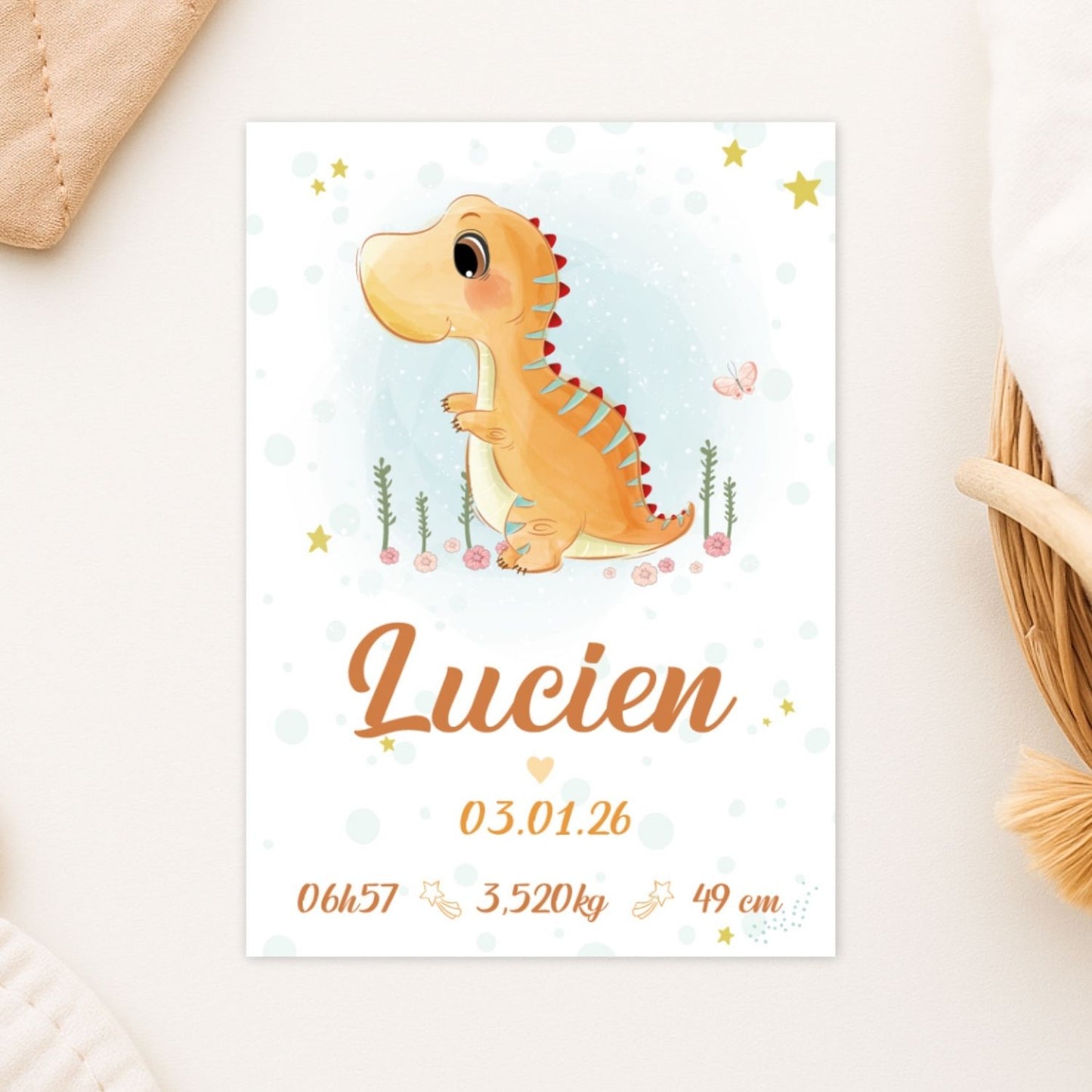 affiche de naissance pour bebe personnalisee dinosaure