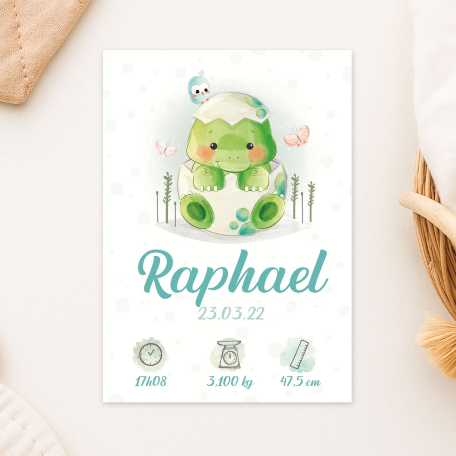 affiche de naissance personnalise dinosaure vert