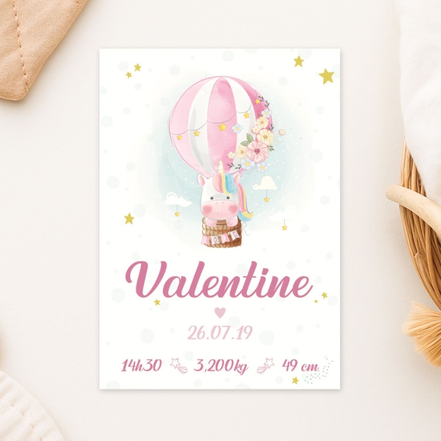 affiche de naissance personnalisable licorne