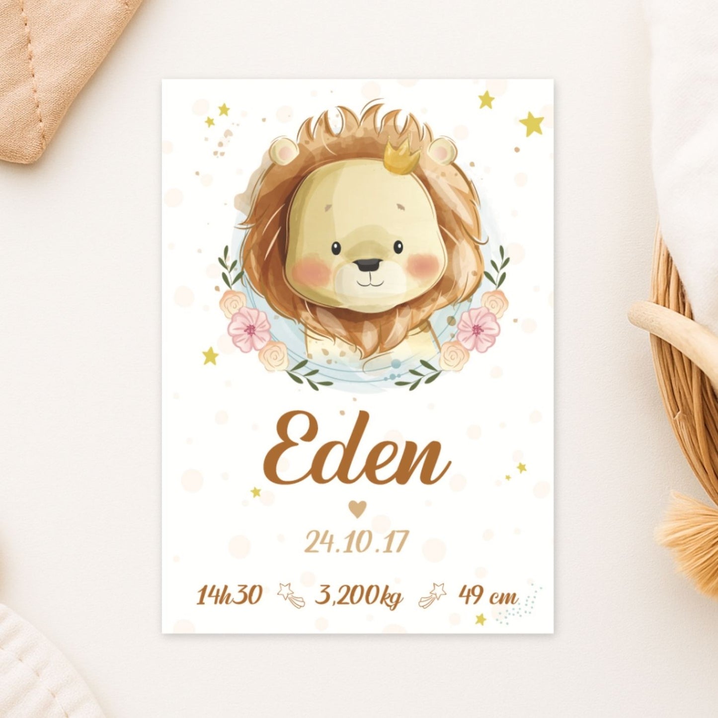affiche de naissance personnalisée lion mignon