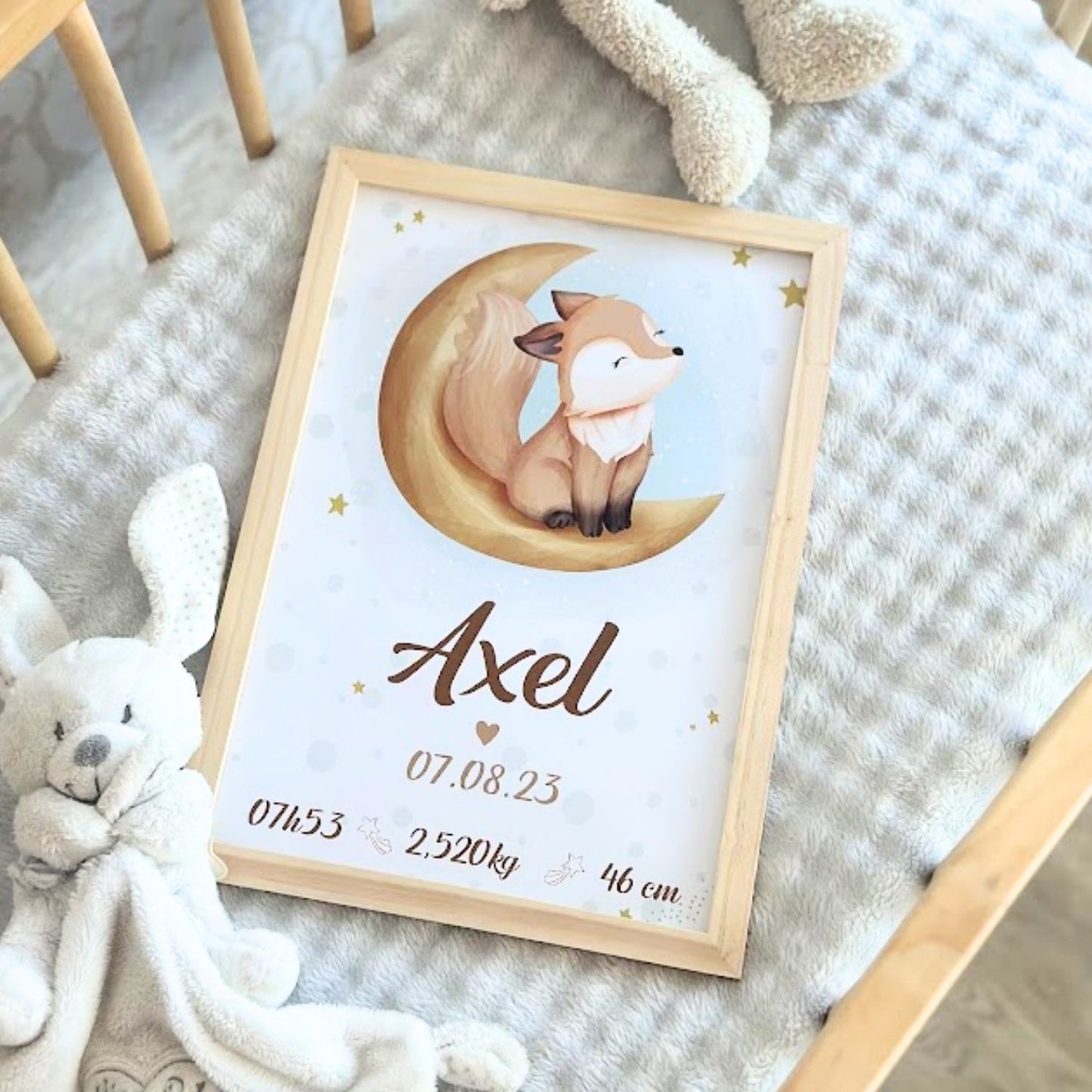 affiche de naissance personnalisee renard dans berceau