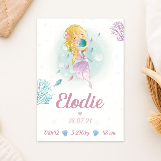 Affiche de naissance illustration sirene elodie