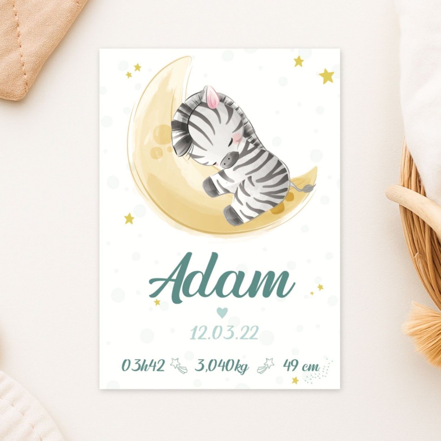 affiche de naissance personnalisée zebre sur la lune