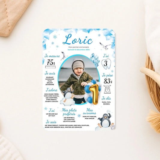 carte mon premier anniversaire theme hiver pinguin