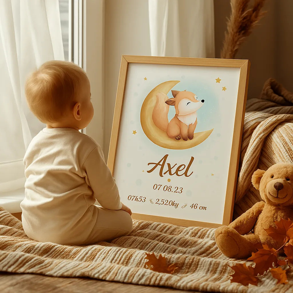 affiche de naissance personnalisee renard avec un bebe